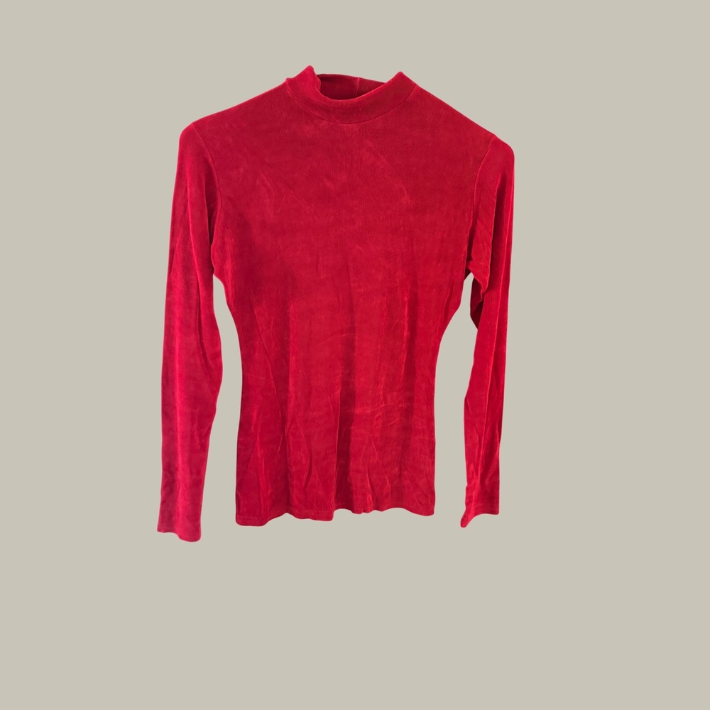 Jonden Vintage Red Ribbed Velvet Mock Neck Long Sleeve Top Made in USA Medium